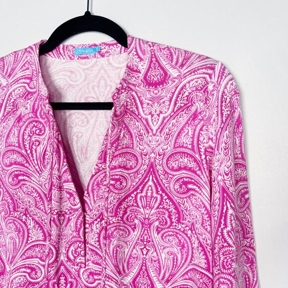 J McLaughlin S Pink White Paisley Printed Tunic Top Catalina Cloth Split V Neck - Picture 3 of 8